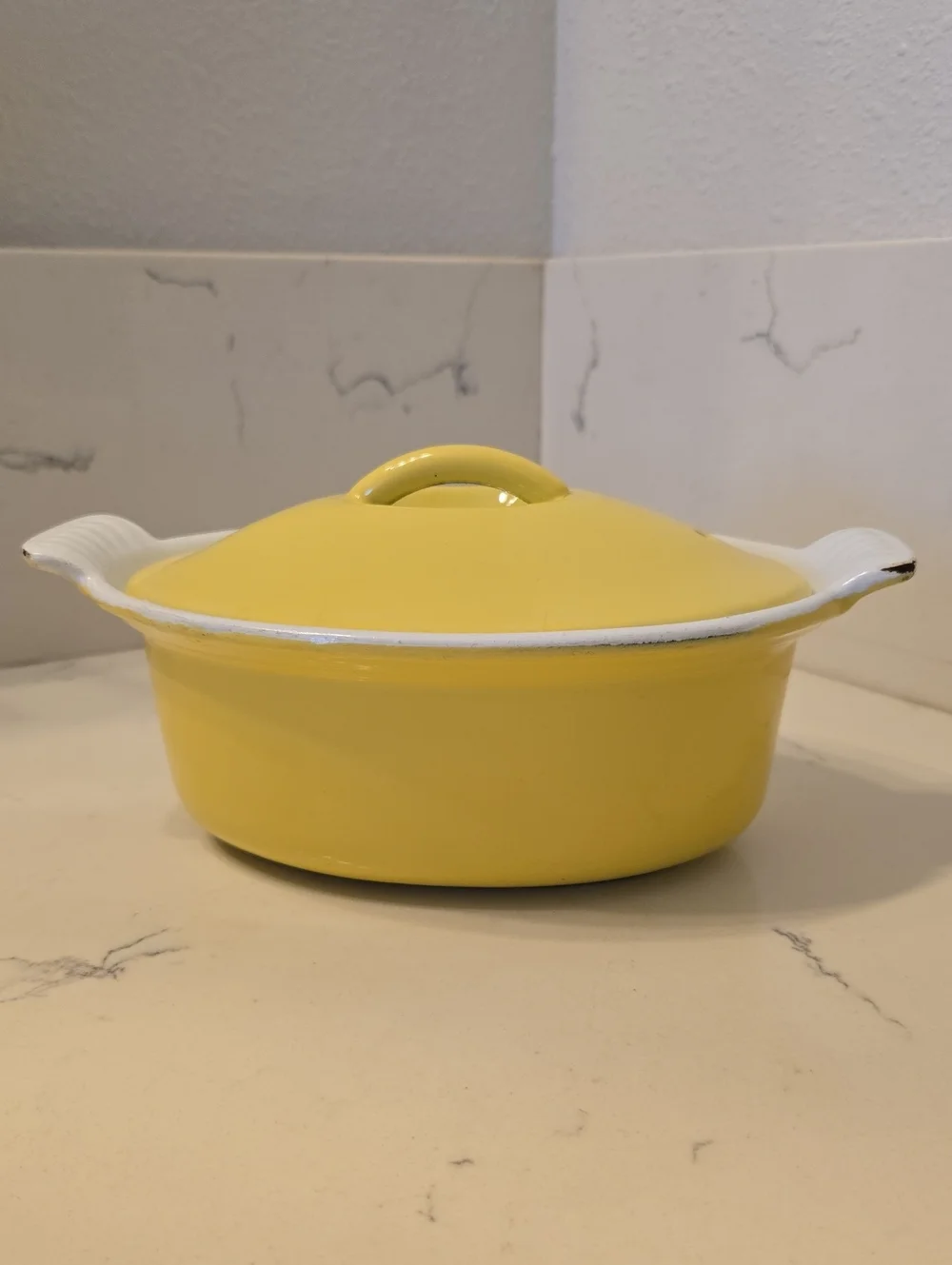 Descoware Vintage Belgium Yellow Enamel Cast Iron Small Covered Casserole Dish